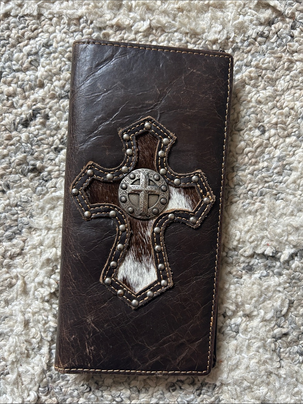 Brown Leather Men's Wallet with Cross Embellishment